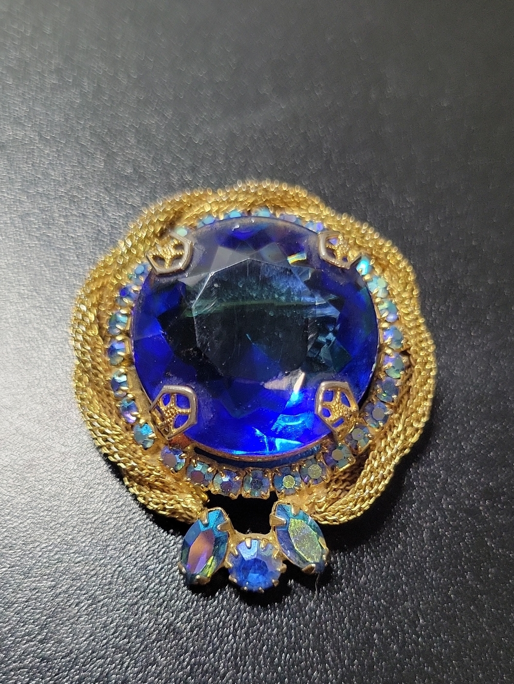 Vintage Blue Crystal Gold-Tone Statement Brooch